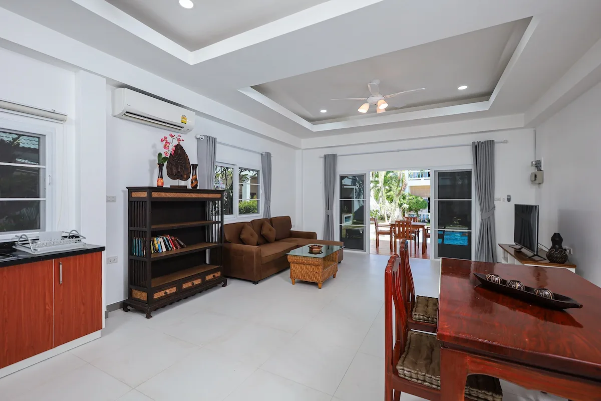 Open-plan living area in the one-bedroom apartment