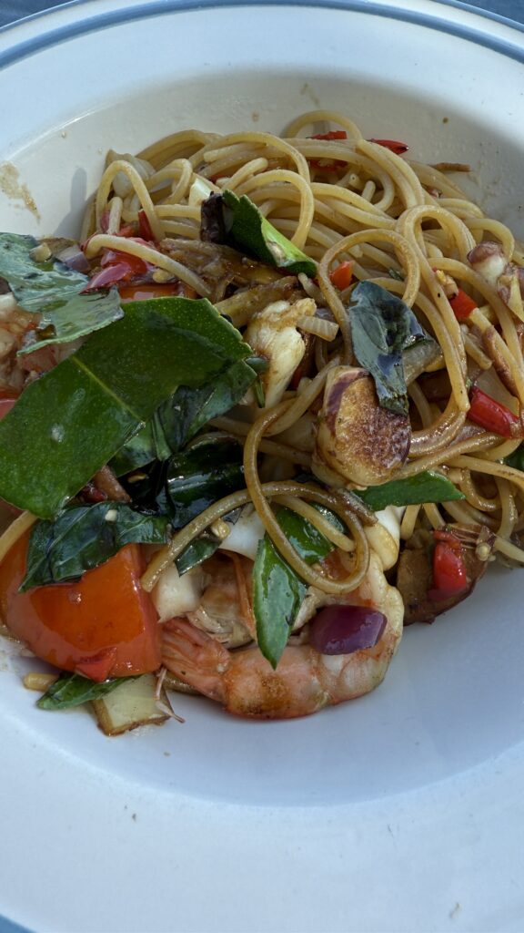 Juicy Thai-style garlic prawns stir-fried with fresh herbs and spices.